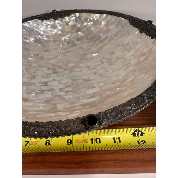 Handcrafted Mother-Of-Pearl Decorative Bowl With Ornate Metal Trim & Gem Accents - Picture 4 of 12